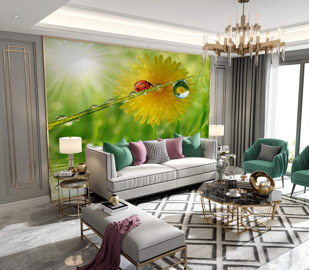 Fototapeta duży mniszek lekarski w rosie deszczowej w pobliżu wody