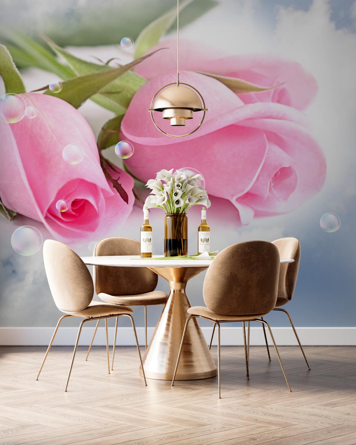 Fototapeta delikatne różowe róże w kroplach wody na jedwabiu