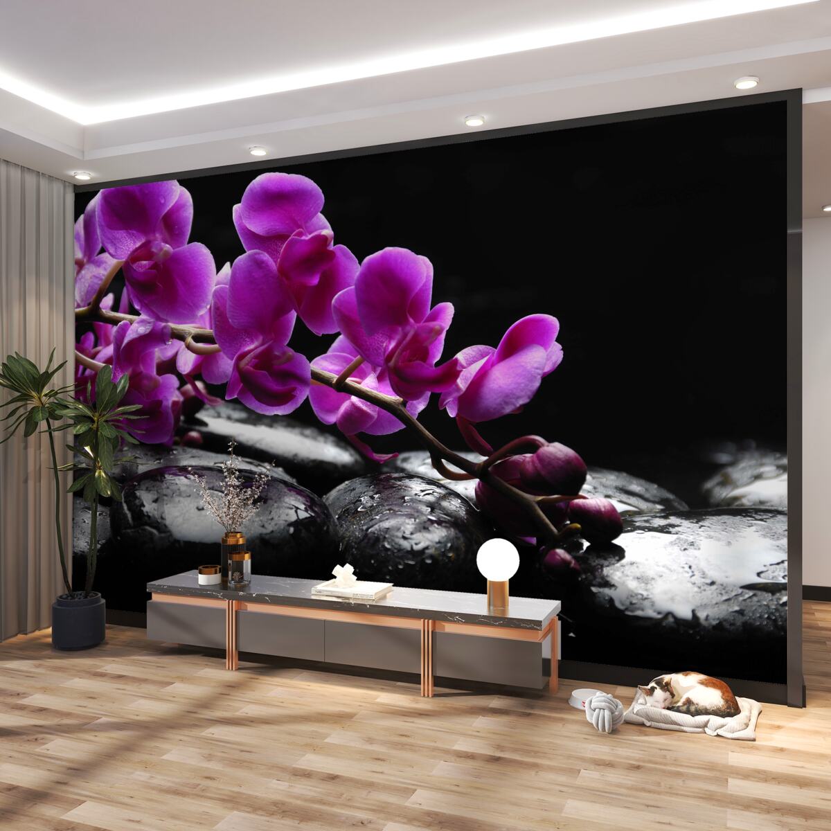 Fototapeta czarny kamień z gałązką liliowych orchidei