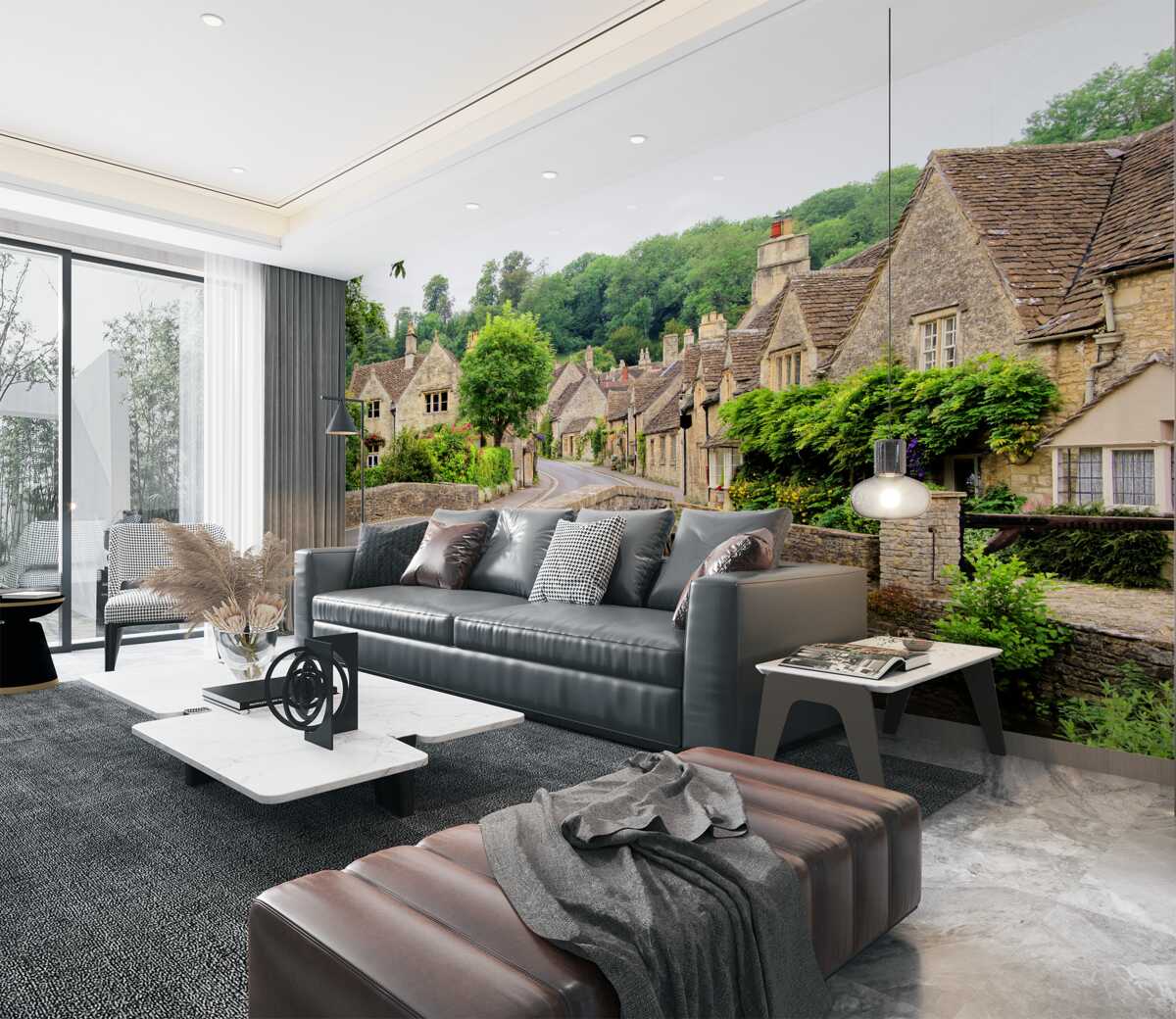 Fototapeta stare domy z zielonym mchem i mostem