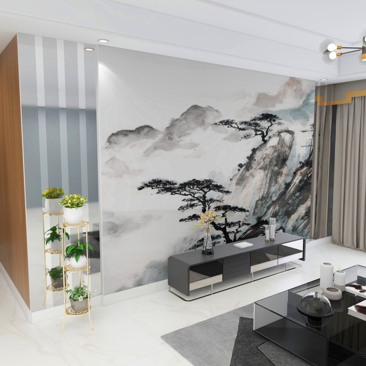 Fototapeta akwarelowy wodospad i samotne drzewa