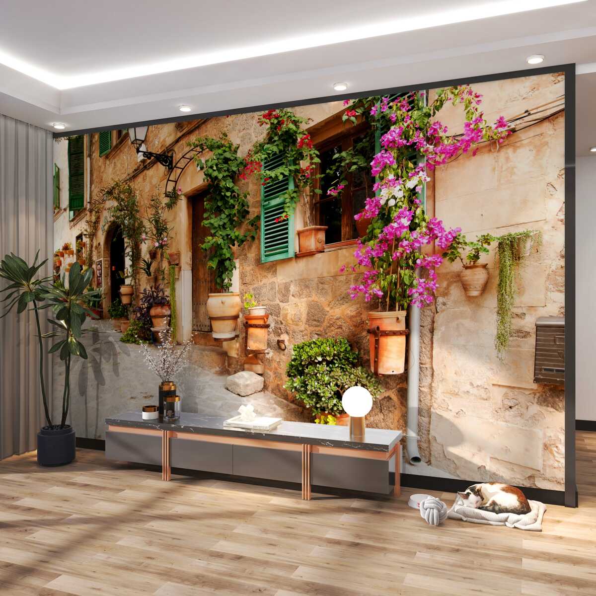 Fototapeta stara, pochyła ulica w kwiatach