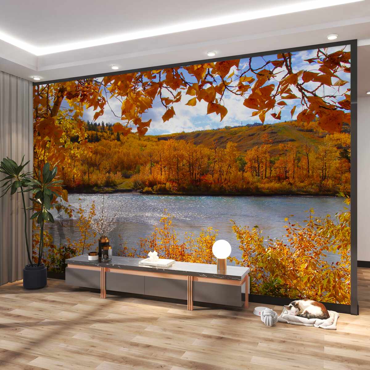 Fototapeta złota jesień w gęstym lesie nad wodą