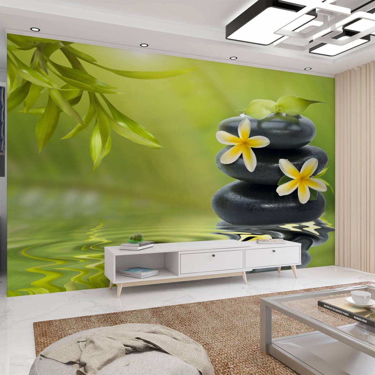 Fototapeta żółte kwiaty na czarnym kamieniu w pobliżu wody