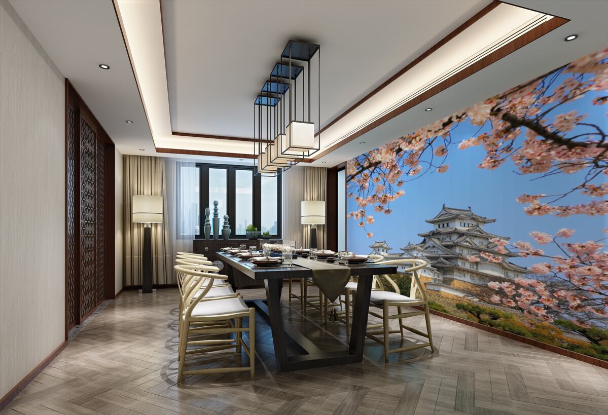 Fototapeta Stara japońska świątynia w kwiatach sakury