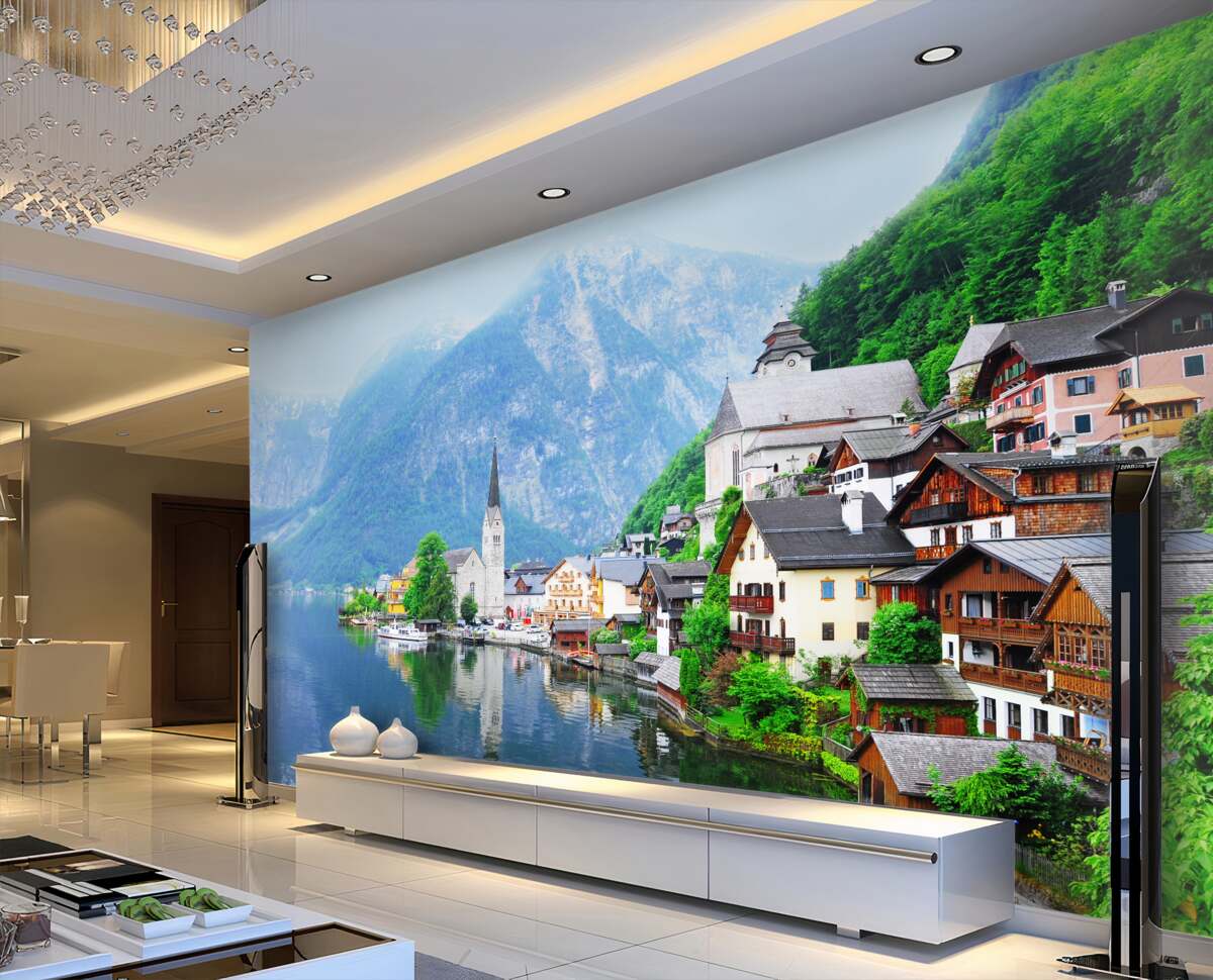 Fototapeta Cicha szwajcarska wioska u podnóża gór nad wodą