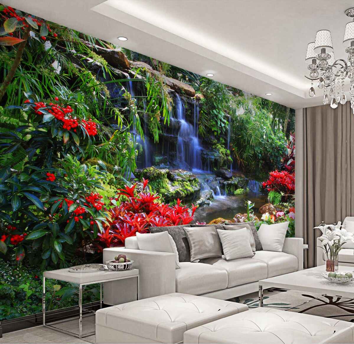 Fototapeta miejsce z historią obok wodospadu z kwiatami