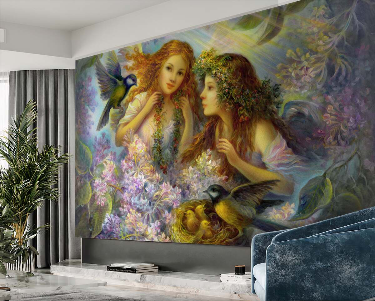 Fototapeta ptaki szepczą do dwóch dziewcząt w kwiatach