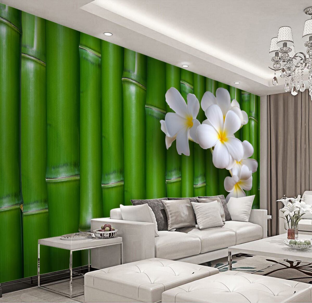 Fototapeta białe kwiaty na smukłym zielonym bambusie