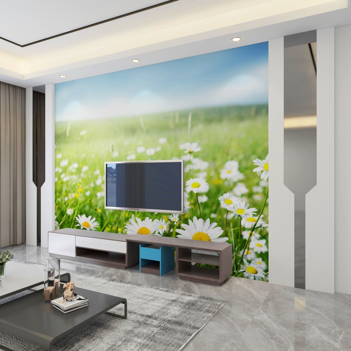 Fototapeta białe stokrotki pod jasnymi promieniami słońca