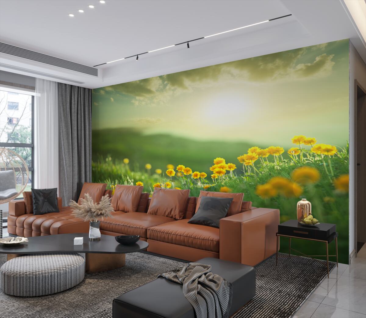 Fototapeta żółte mlecze spotykają świt na łące