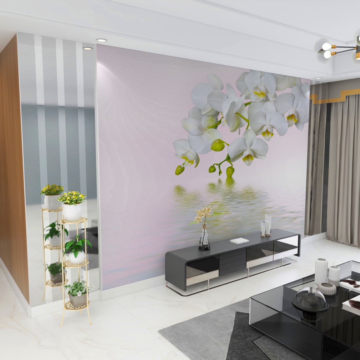 Fototapeta biała orchidea z kwiatami i pąkami w pobliżu wody