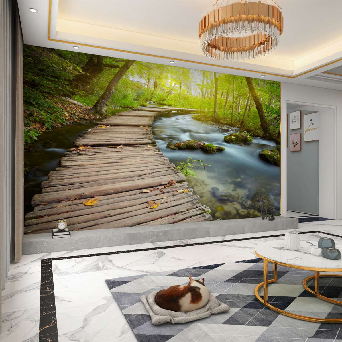 Fototapeta drewniana ścieżka nad rzeką w słonecznym lesie