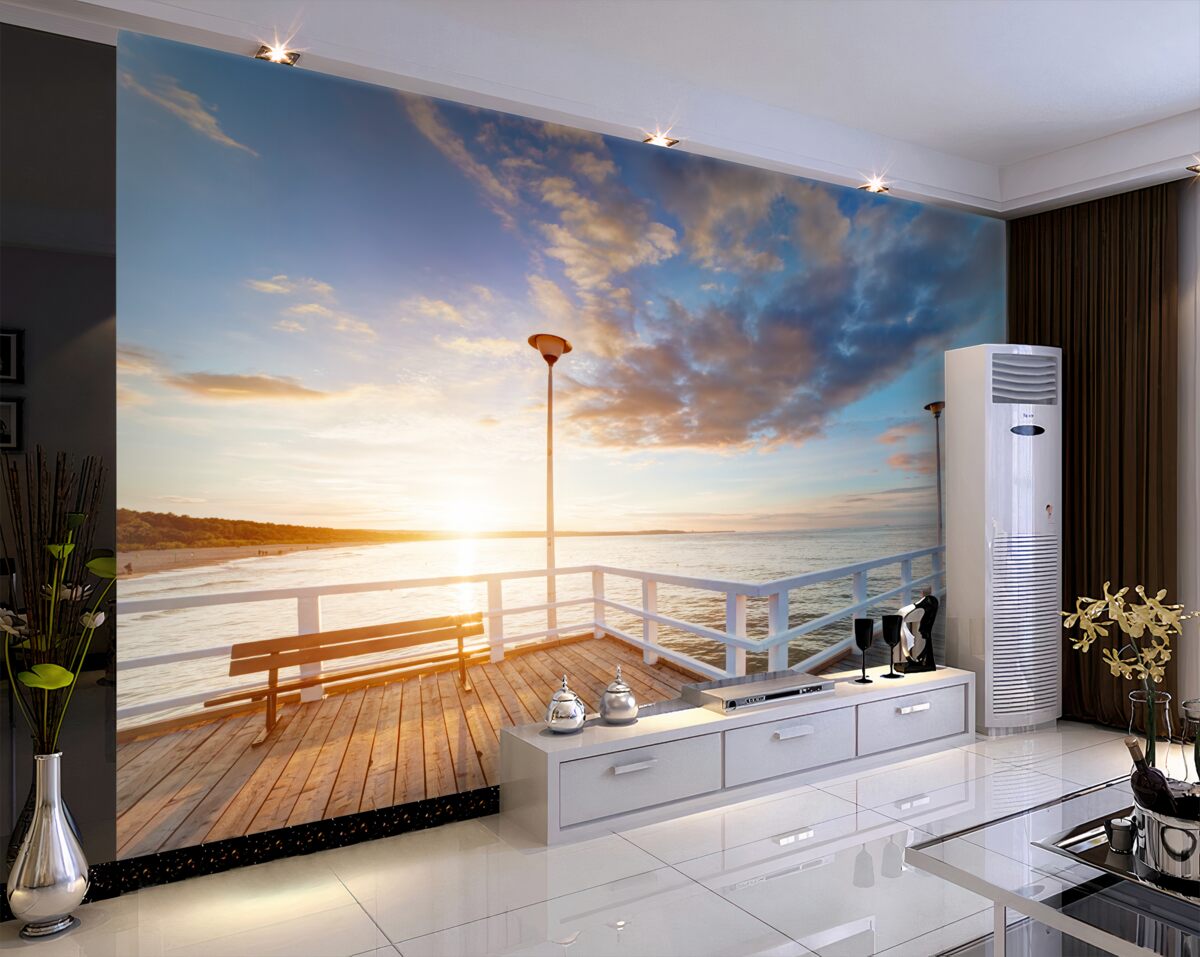 Fototapeta gołe drewniane molo, oglądając zachód słońca