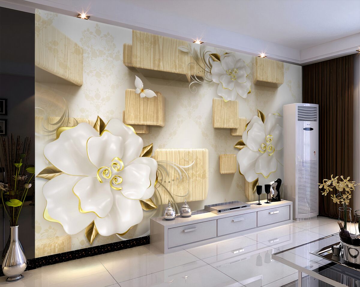 Fototapeta białe kwiaty ze złotem na drewnianych kostkach