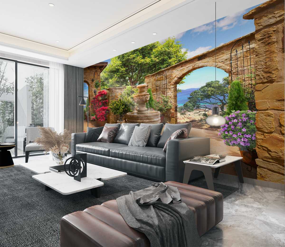 Fototapeta przytulny cichy dziedziniec z fontannami i kwiatami