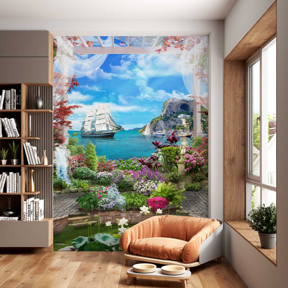 Fototapeta żaglówka zaparkowana z widokiem na port z balkonu