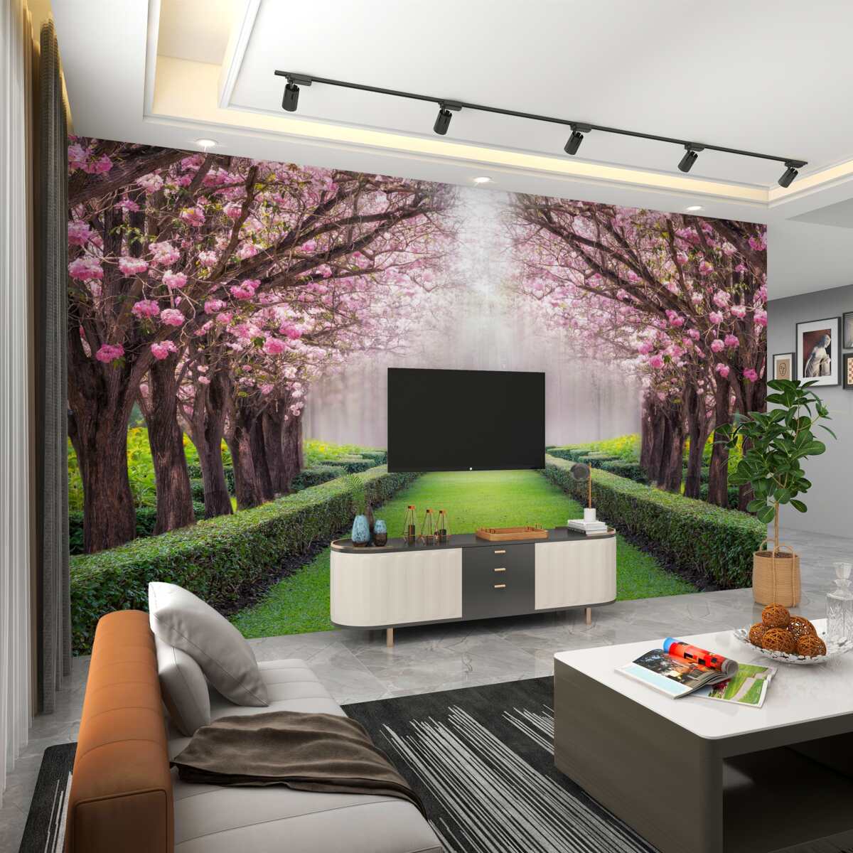 Fototapeta zadbana zielona aleja z sakurą