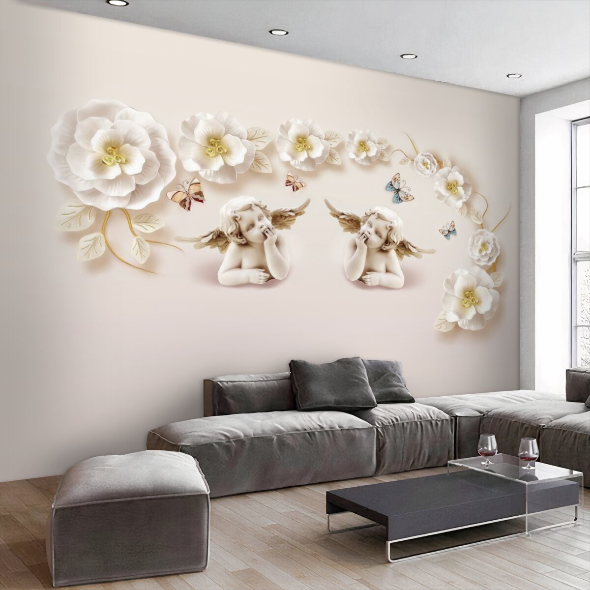 Fototapeta kompozycja motyli i białych pąków