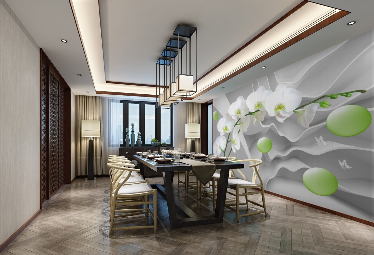 Fototapeta biała orchidea i pływające zielone kulki