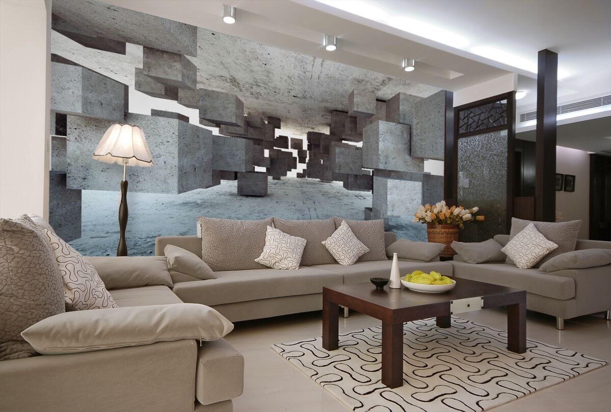 Fototapeta pływające szare kostki w cofającym się tunelu