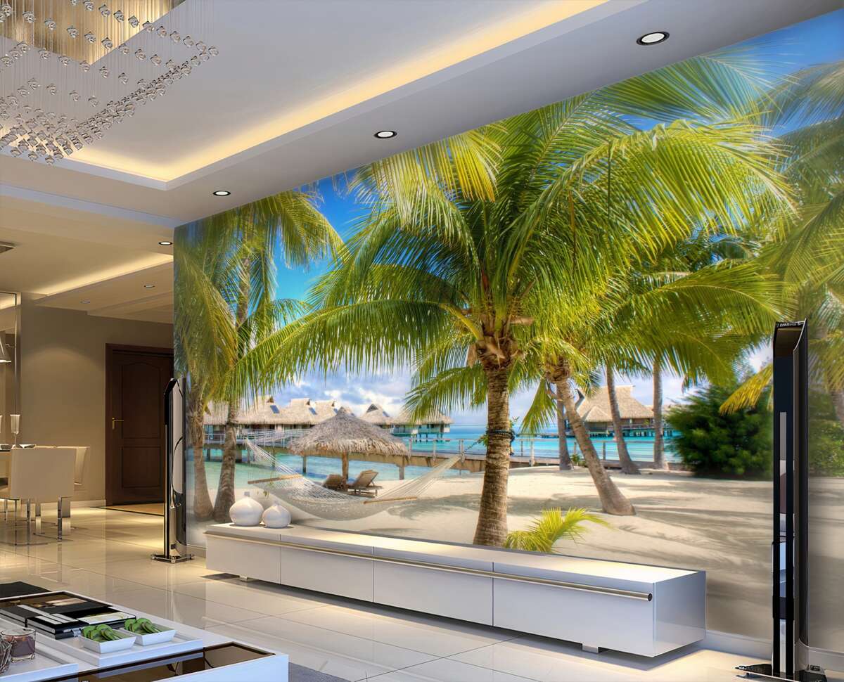 Fototapeta gęste palmy i altanki w pobliżu plaży