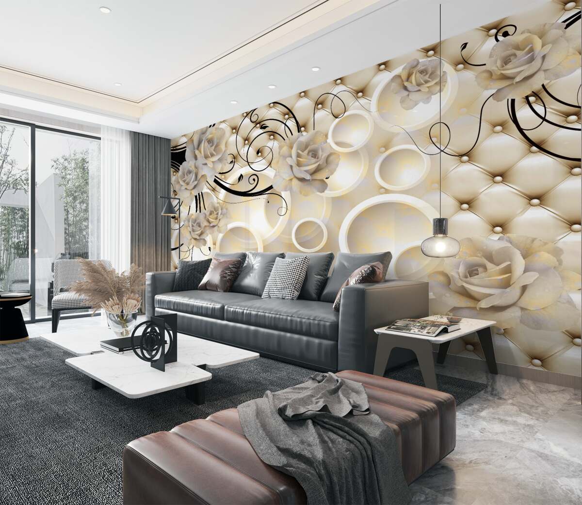 Fototapeta kwiaty na abstrakcyjnych kręgach i tkaninie