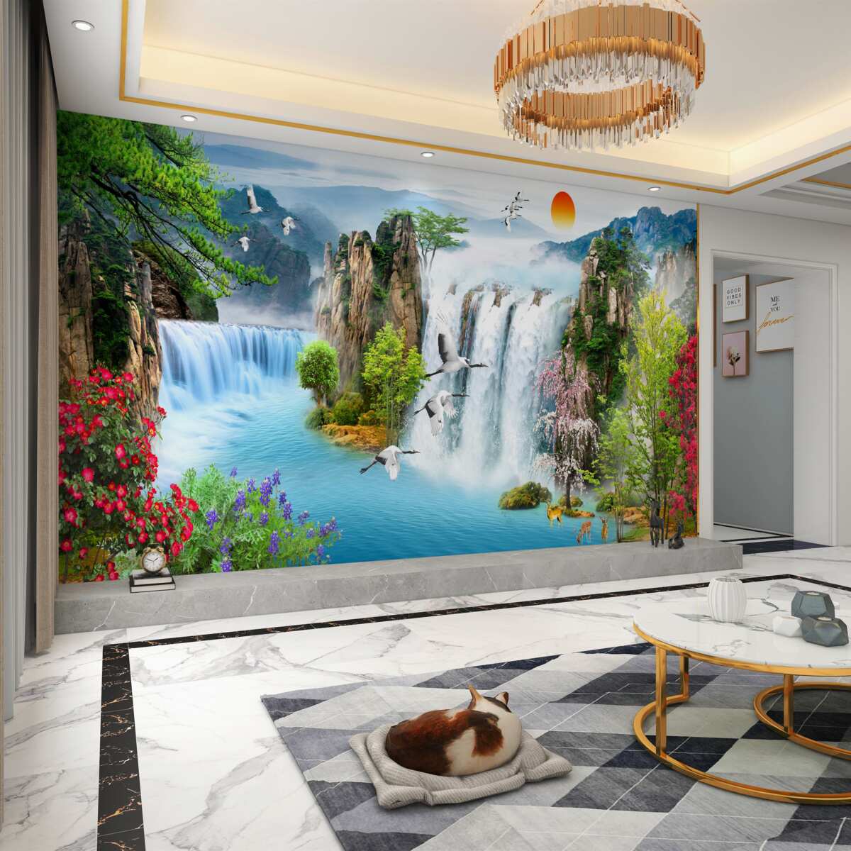 Fototapeta piękne wodospady o zachodzie słońca w zieleni