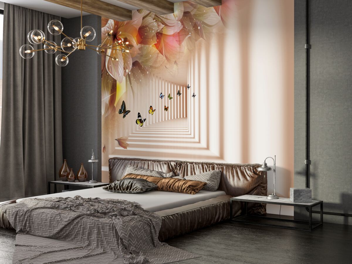 Fototapeta motyle latają ze świeżych kwiatów w tunelu