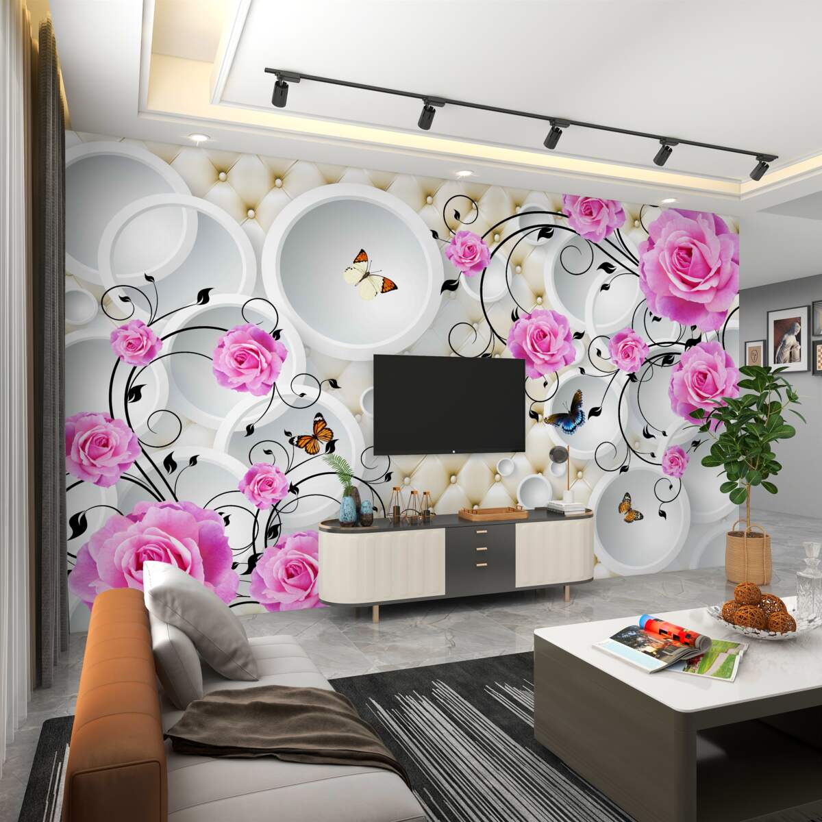 Fototapeta różowe róże z motylami na abstrakcji kół