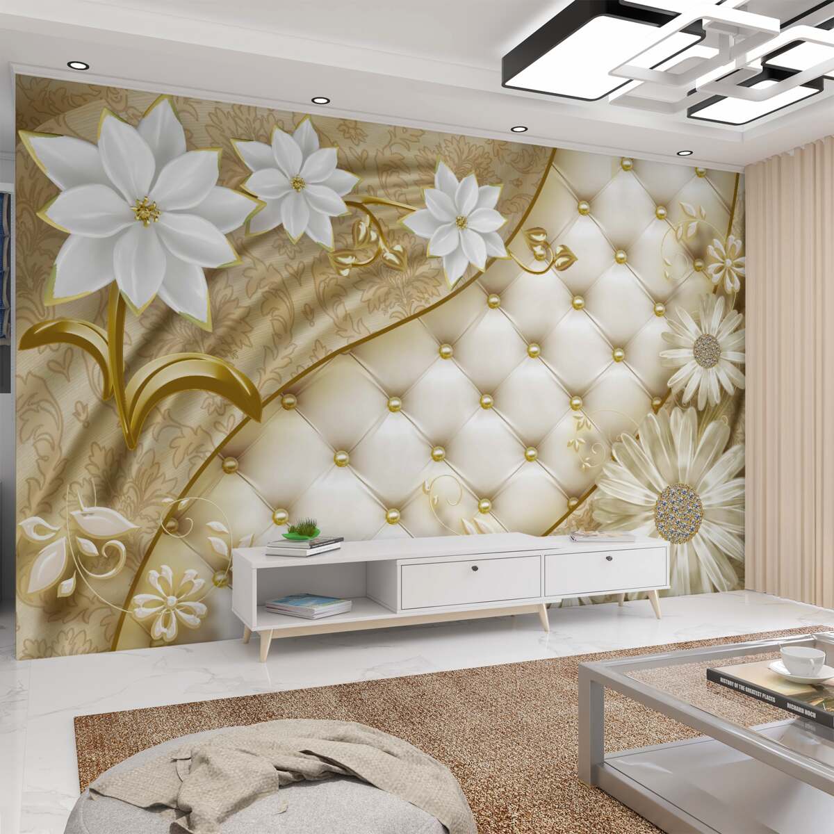 Fototapeta białe kwiaty ze złotem na perłowej tkaninie