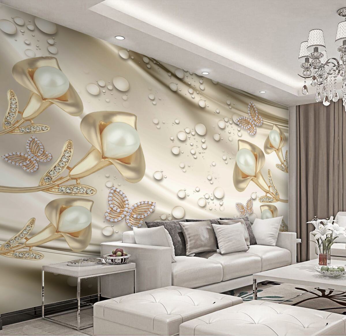 Fototapeta perły w złocie z kamieniami na jedwabiu