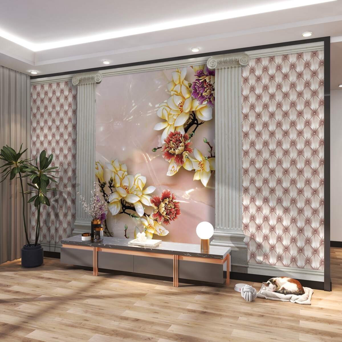 Fototapeta wysokie starożytne łuki i złote kwiaty