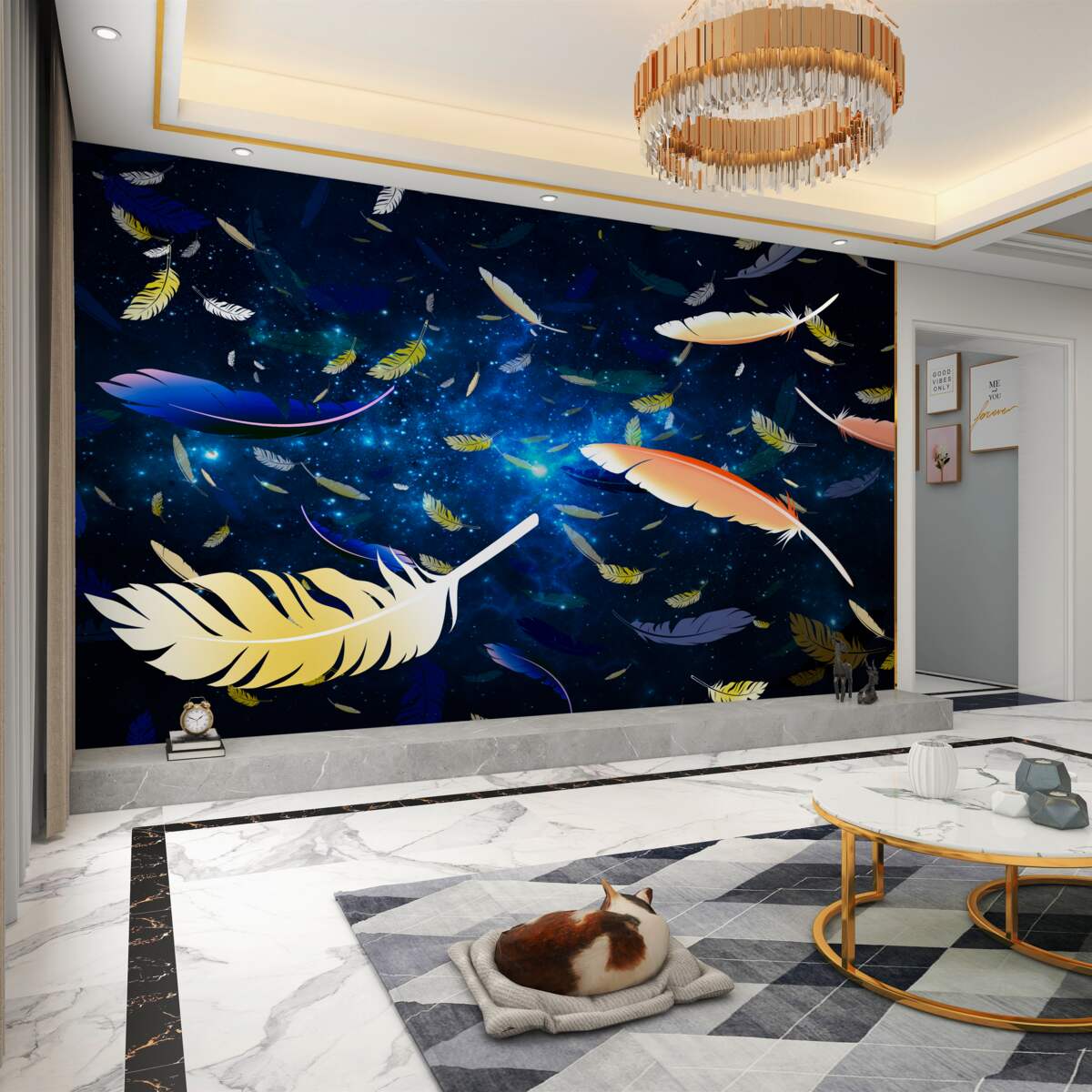 Fototapeta pływające kolorowe pióra w głębinach kosmosu