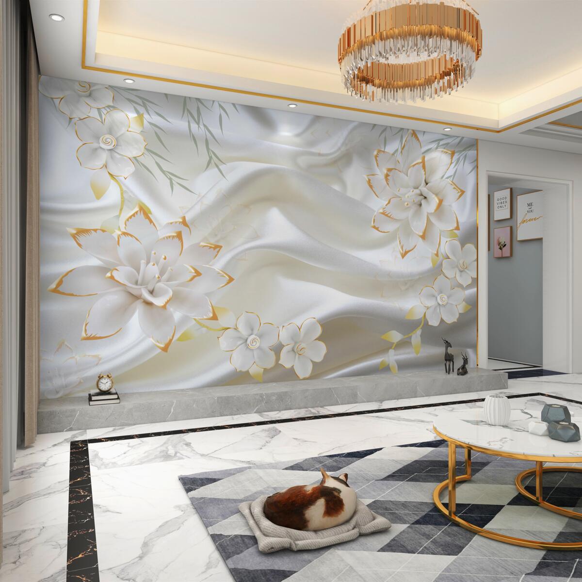 Fototapeta złote kwiaty na śnieżnobiałym jedwabiu