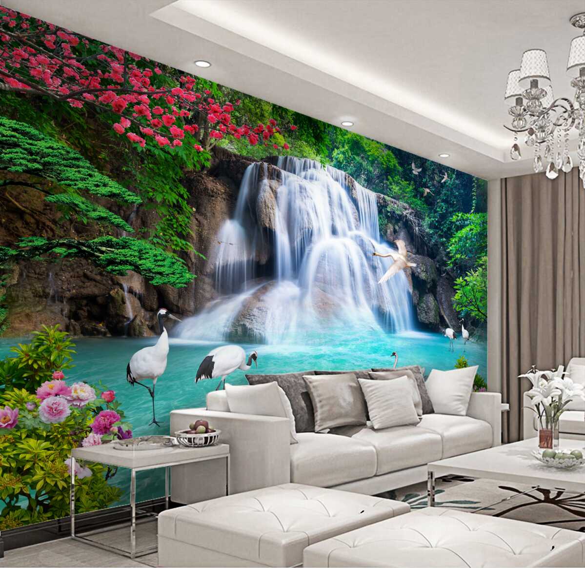 Fototapeta kaskadowy wodospad i łabędzie w lazurowej wodzie