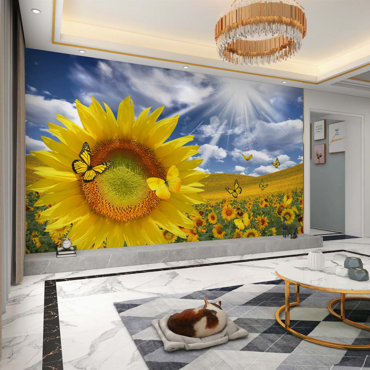 Fototapeta żółte motyle na błękitnym niebie nad słonecznikami