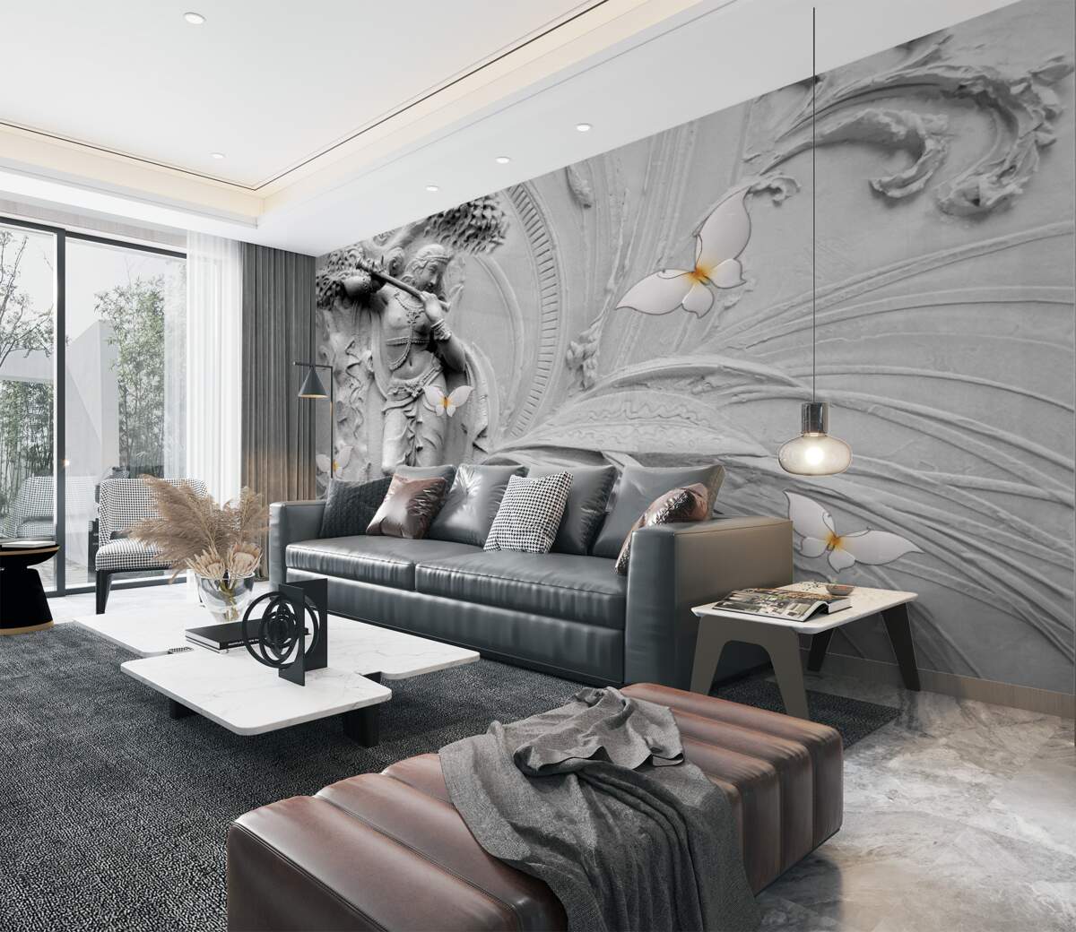 Fototapeta płaskorzeźbione kwiaty i białe motyle