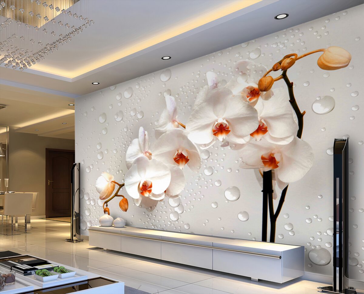 Fototapeta białe kwiaty lotosu w dużych kroplach deszczu