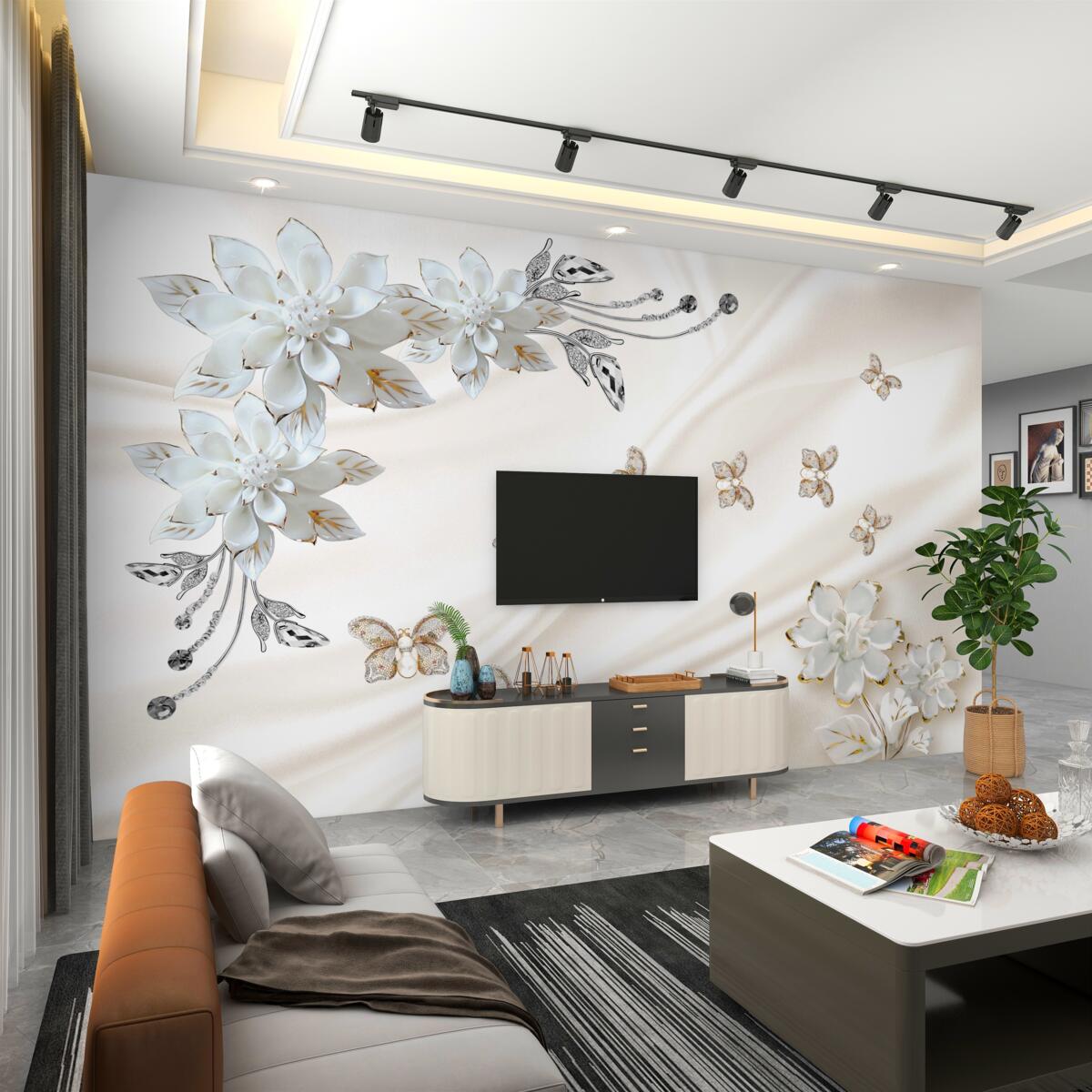 Fototapeta motyle latają nad jedwabnymi kwiatami