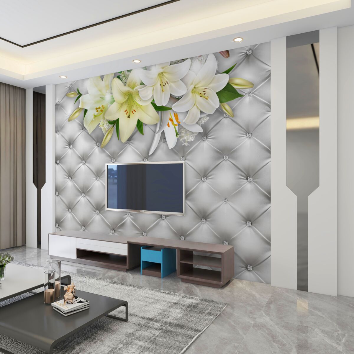 Fototapeta białe kwiaty na perłowej tkaninie