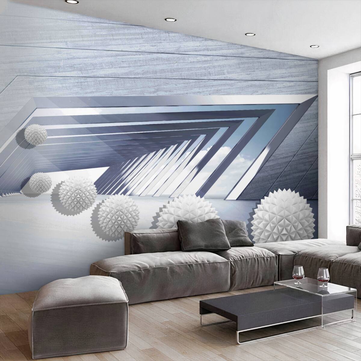 Fototapeta kolczaste kule unoszące się w tunelu