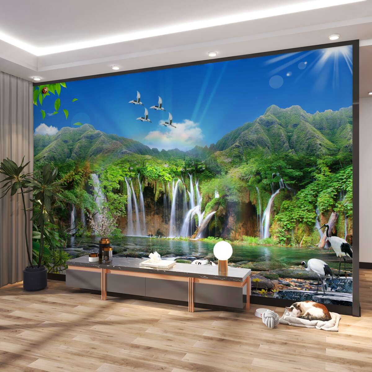 Fototapeta ptaki latają nad tropikalnymi wodospadami