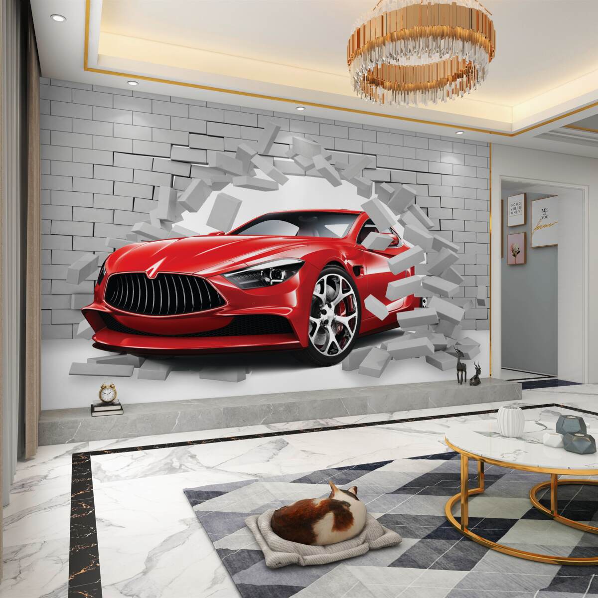 Fototapeta czerwony samochód rozbija ceglaną ścianę