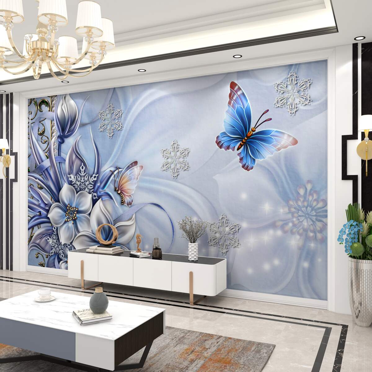 Fototapeta motyle nad niebieskimi kwiatami śniegu