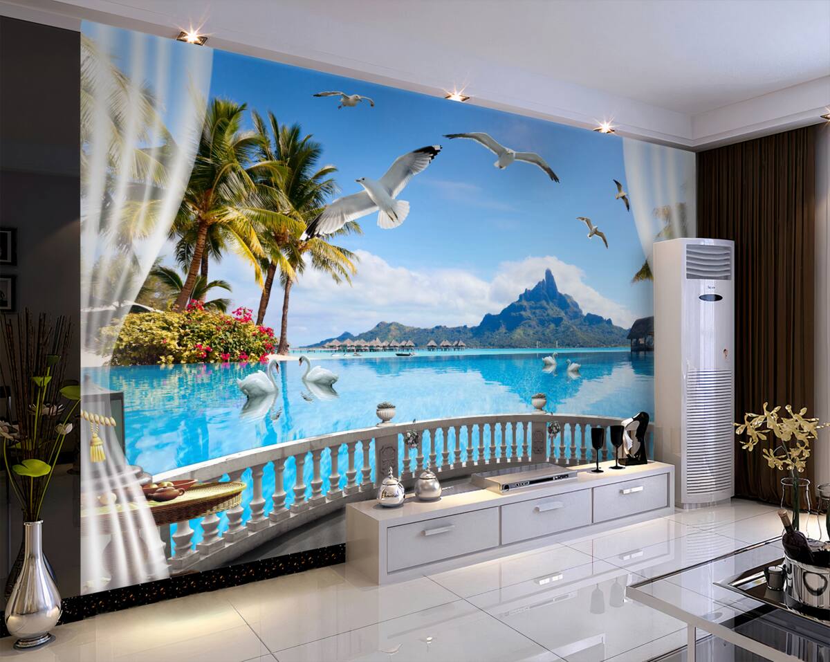 Fototapeta taras z widokiem na wodę i góry