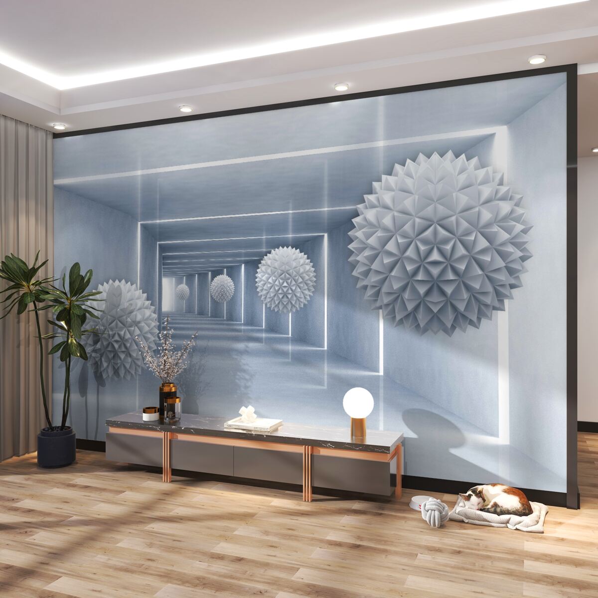 Fototapeta pływające kule w prostokątnym korytarzu