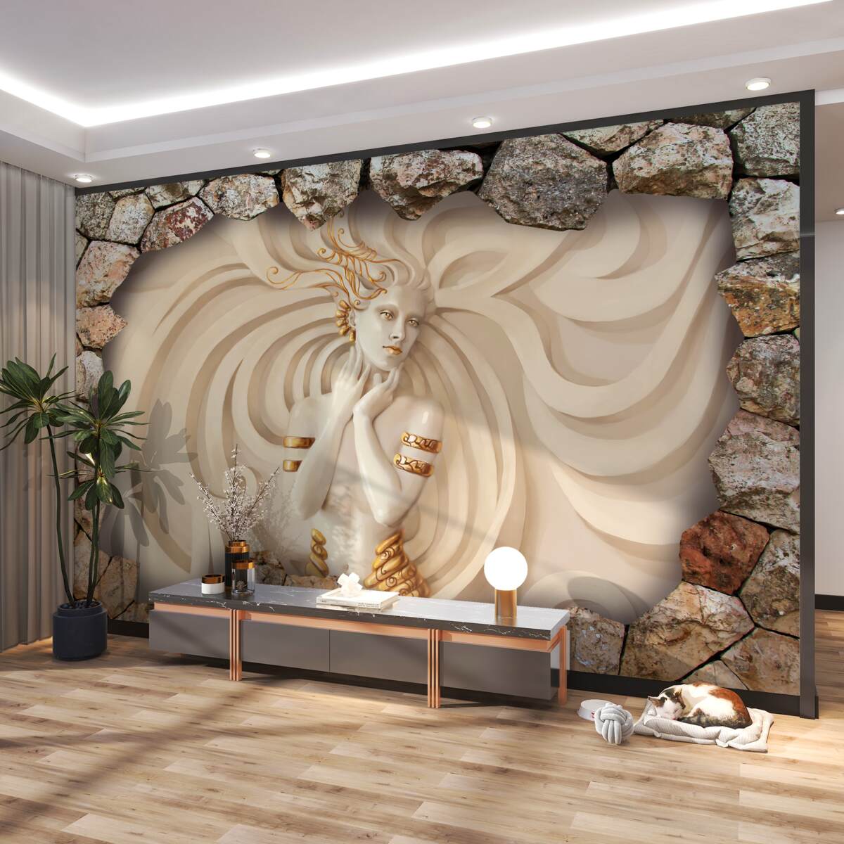 Fototapeta wizerunek dziewczyny z długimi złotymi włosami w kamieniu