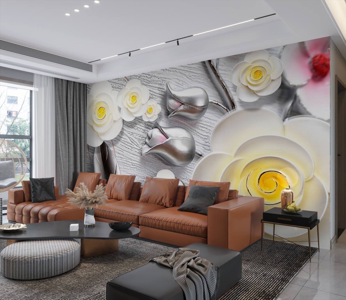 Fototapeta białe kwiaty z żółtym środkiem i porcelaną