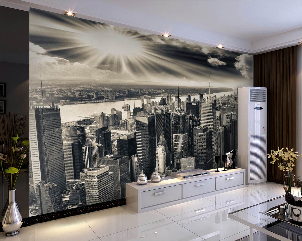 Fototapeta jasne słońce oświetla metropolię w kolorze sepii